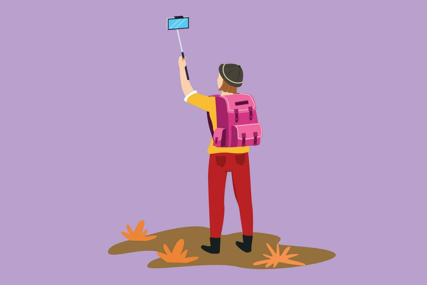 Charakter eben Zeichnung zurück Aussicht von jung ziemlich Mädchen mit Rucksack Stehen und nehmen Selfie Foto auf ihr Clever Telefon. Sommer- Aktivität beim Natur. Reise Blogger. Karikatur Design Vektor Illustration