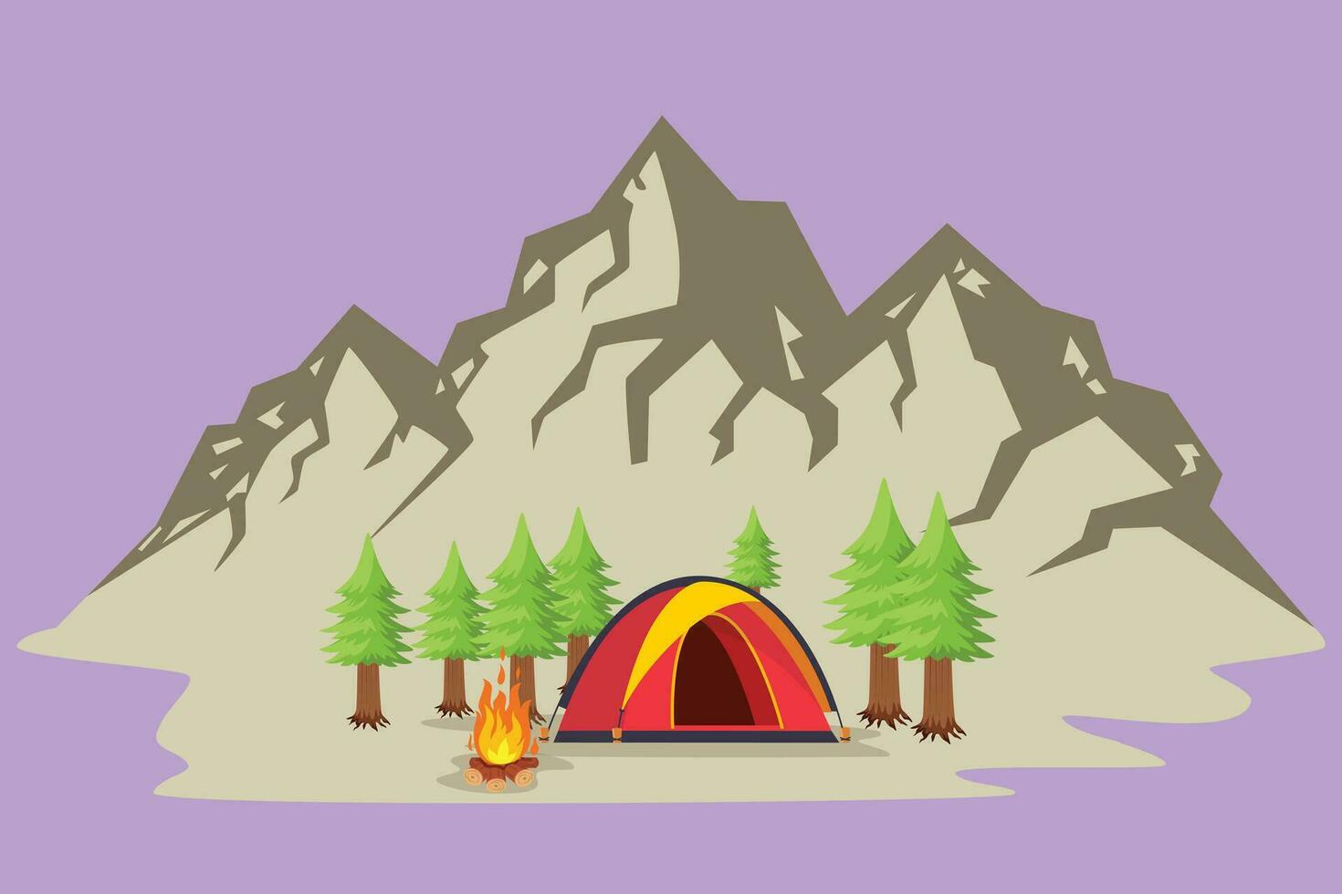 Karikatur eben Stil Zeichnung Sommer- Camping Tag und Sonnenuntergang Poster, Logo. Banner mit Berge, Bäume, Zelt und Lagerfeuer. klettern, wandern, Urlaub, Trekking Sport. Grafik Design Vektor Illustration