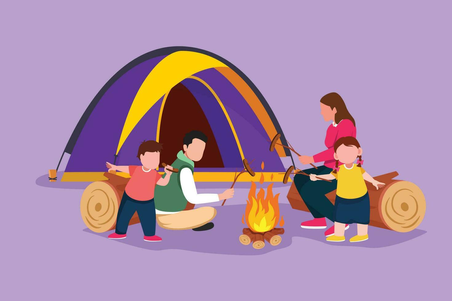 karaktär platt teckning Lycklig familj sitta förbi lägereld. glad turister, campare. mamma, pappa och barn steka korv för middag. natt camping äventyr resa logotyp ikon. tecknad serie design vektor illustration