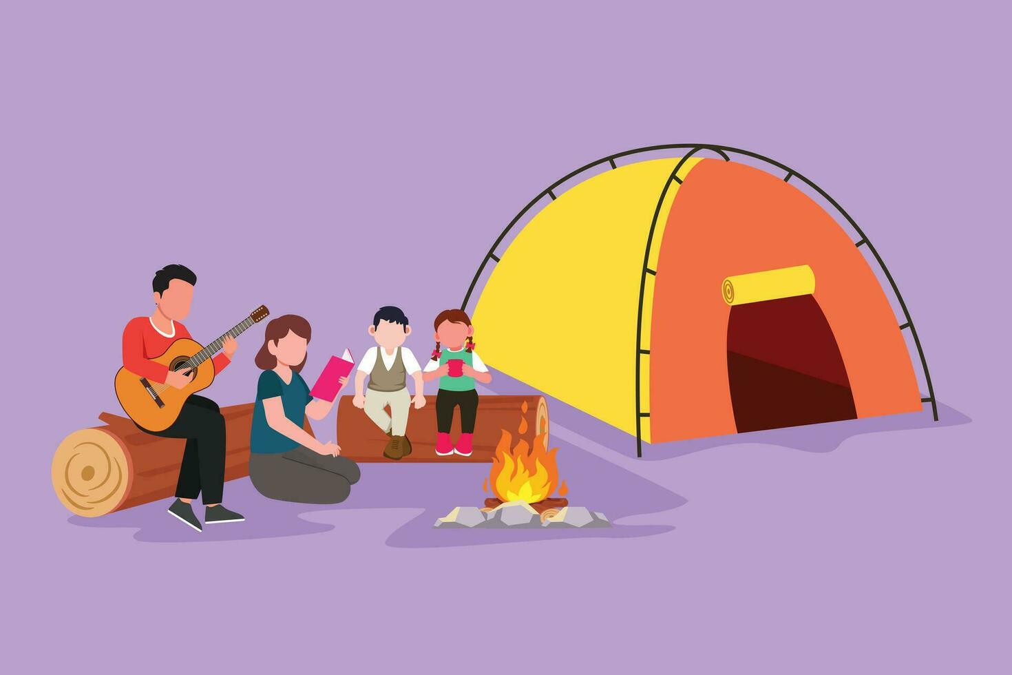 Karikatur eben Stil Zeichnung von Familie Spaß beim Sommer- Camping Ausgaben Zeit zusammen. Papa spielen Gitarre und singen ein Lied mit Sohn. Mama lesen Geschichte Buch mit Tochter. Grafik Design Vektor Illustration