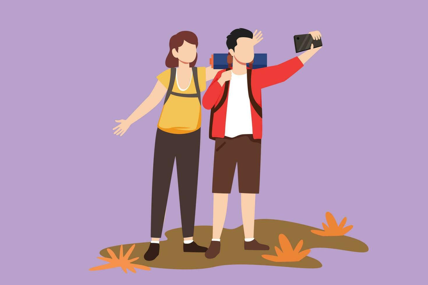 Karikatur eben Stil Zeichnung romantisch Paar Stehen voll Länge versuchen zu nehmen Selfie mit Handy, Mobiltelefon Gerät im Hand. jung Mann und süß Frau sind fotografiert zusammen. Grafik Design Vektor Illustration