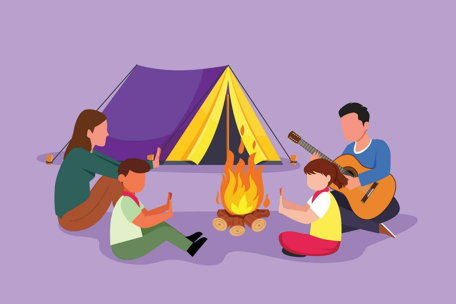 tecknad serie platt stil teckning Lycklig camping vandring familj värma deras kroppar runt om lägereld tält. pappa spelar gitarr, mamma och barn Sammanträde på jord och sjunga en låt. grafisk design vektor illustration