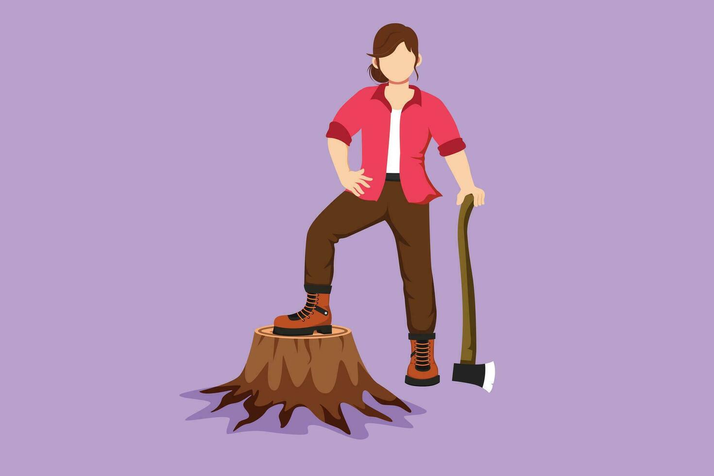 karaktär platt teckning stark skön kvinna skogsarbetare bär pläd skjorta, jeans, stövlar. stående med yxa och Framställ med ett fot på en träd stubbe logotyp, symbol. tecknad serie design vektor illustration