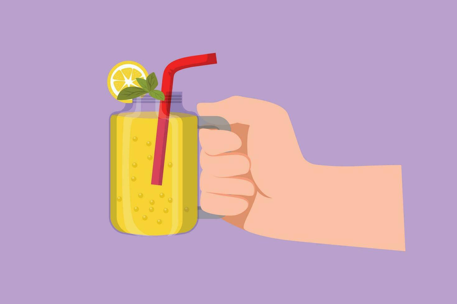 karaktär platt teckning stiliserade hand innehav smoothie juice i glas kopp med frukt skiva på topp. kall mjuk dryck för sommar. friska dryck ikon. vitamin c mat. tecknad serie design vektor illustration