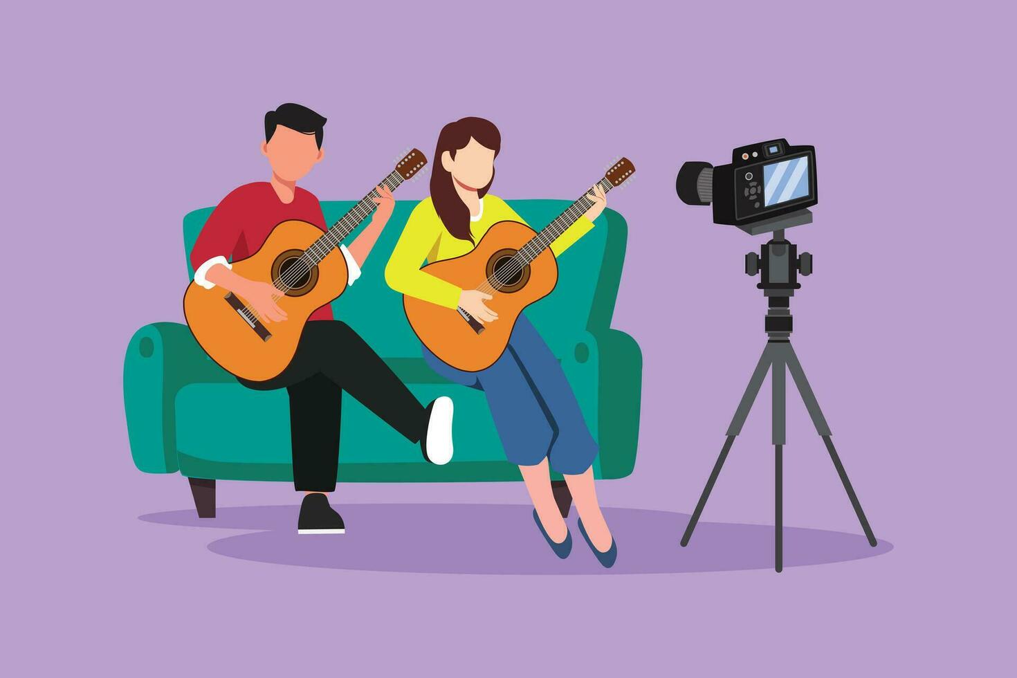 Karikatur eben Stil Zeichnung Paar vlog Influencer durchführen Musik- Show zu Streaming Internet online Publikum Hören beim heim. Mann Frau spielen Gitarre, singen Lied. Grafik Design Vektor Illustration