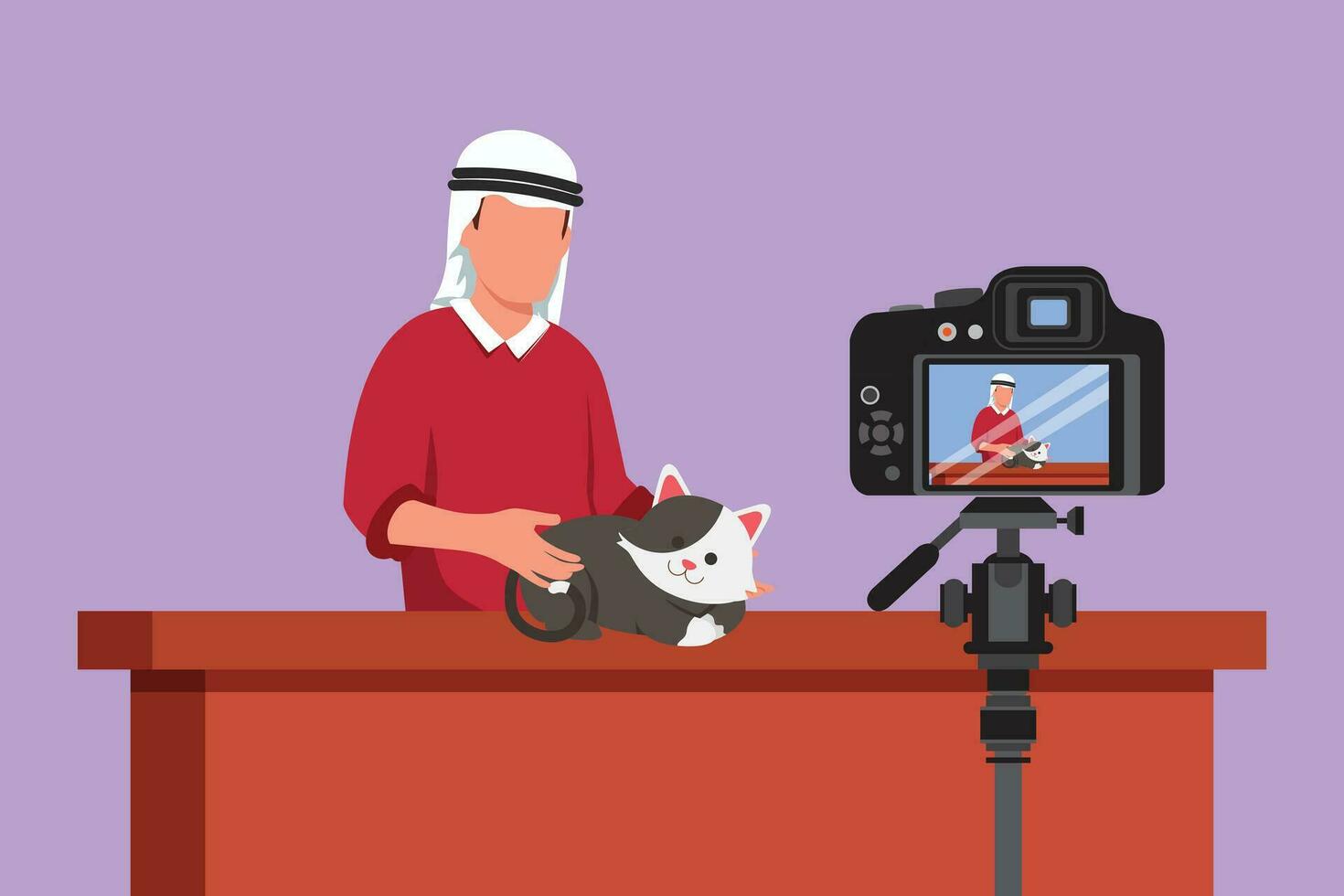 grafisk platt design teckning ung arab Tonårs man sällskapsdjur bloggare. arab pojke med katt inspelning video på kamera. hobbies och fritid, bloggande handla om sällskapsdjur, djur- älskare. tecknad serie stil vektor illustration