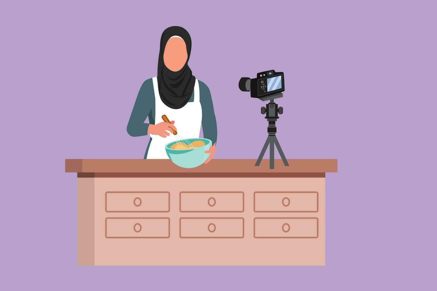 Charakter eben Zeichnung schön arabisch Frau vorbereiten Dessert beim Küche, Rühren Teig mit Spatel. Kochen Leben streamen. ziemlich Blogger bereiten Mahlzeit online. Karikatur Design Vektor Illustration