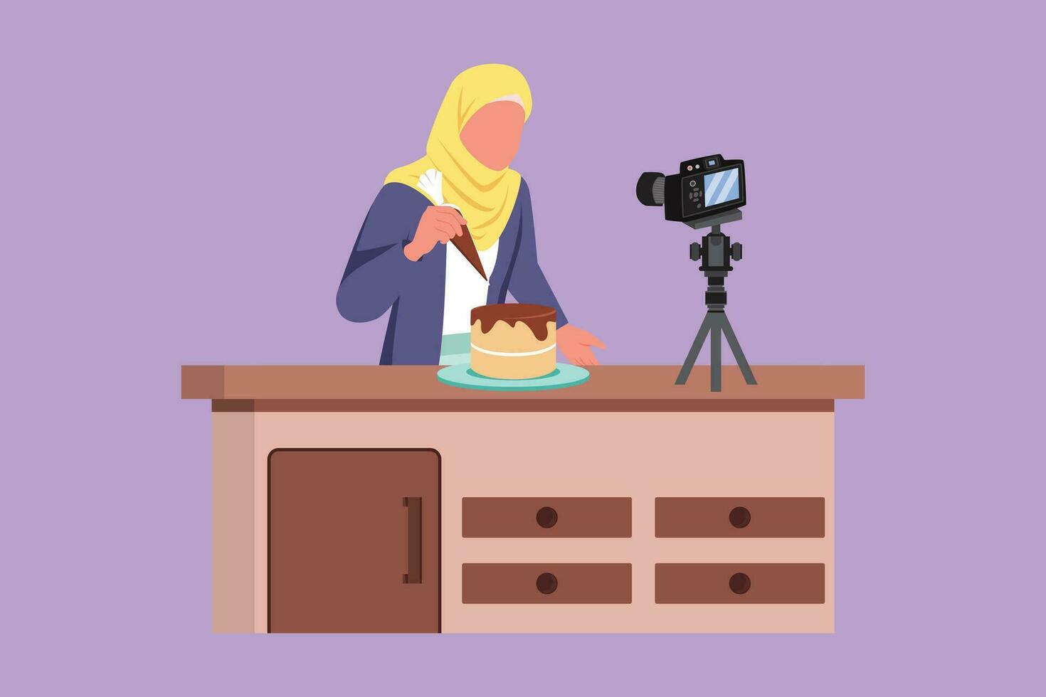 grafisk platt design teckning skön arab flicka bakning, dekorera kaka på kök. kvinna bloggare inspelning video på kamera, använder sig av stativ, inlägg den på social media. tecknad serie stil vektor illustration