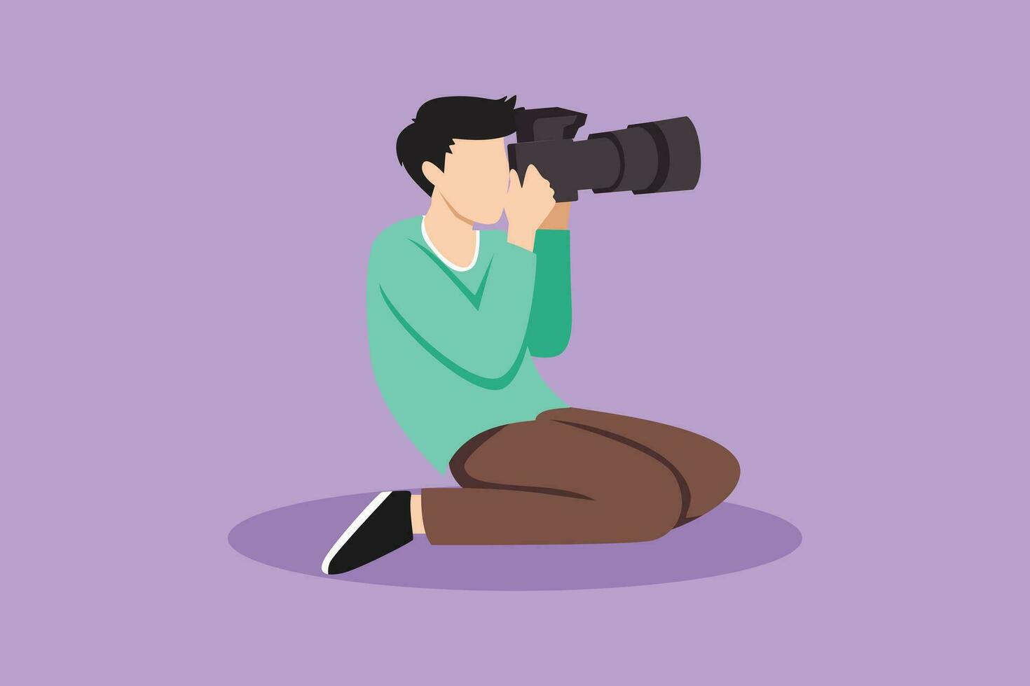 Charakter eben Zeichnung männlich Fotograf sitzt und halten dslr Kamera nehmen Fotografien. Fachmann Fotograf nehmen Bilder, Bilder. kreativ Beruf Arbeit. Karikatur Design Vektor Illustration