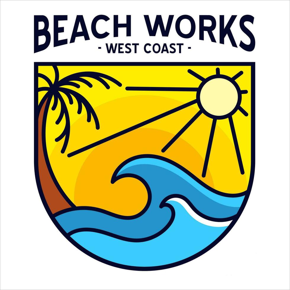 väst kust äventyr bricka för t-shirt mönster Kläder och logotyp varumärke, sommar tropisk strand natur logotyp tecken illustration vektor