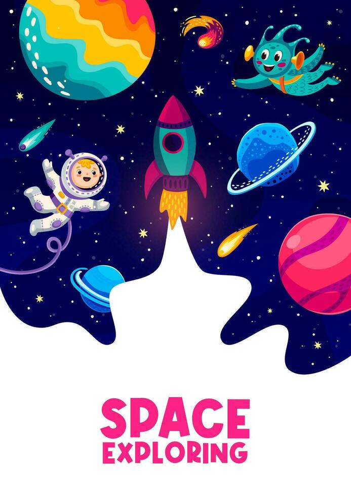Karikatur Raum Flyer mit Astronaut und Außerirdischer vektor