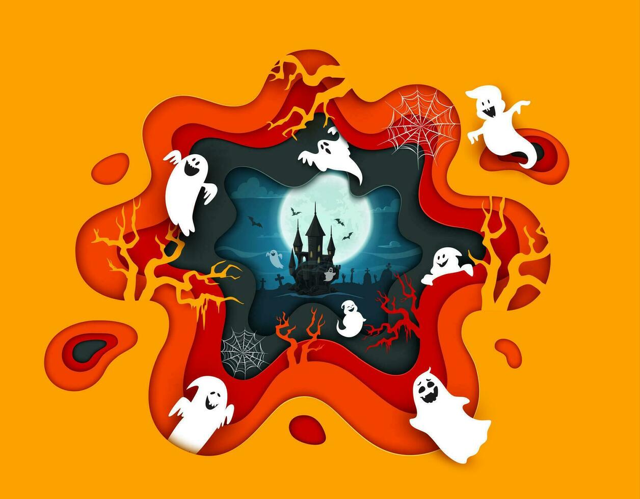 Halloween Papier Schnitt Banner mit Geister und Schloss vektor