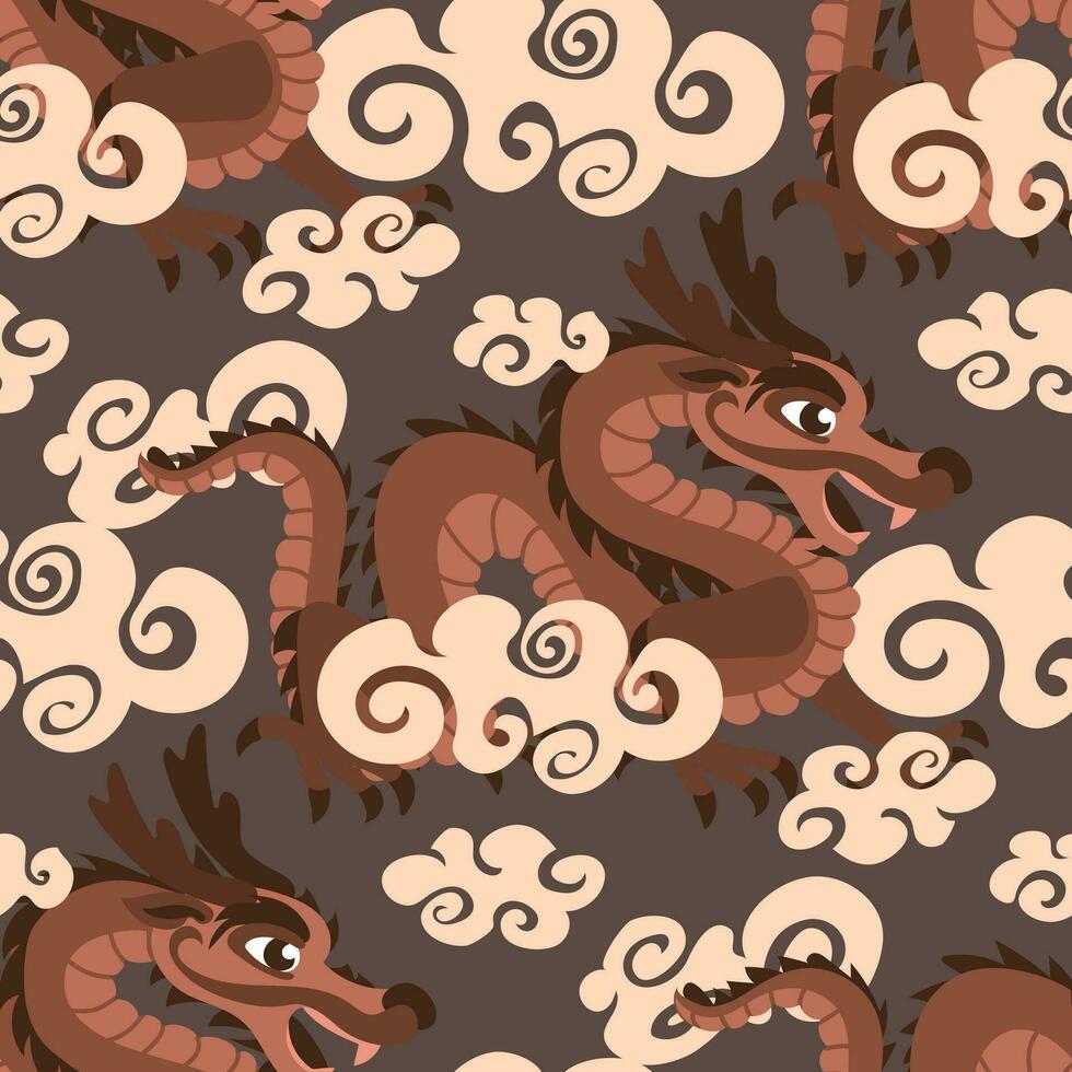 Vektor nahtlos Muster mit hölzern Chinesisch Drachen im das Wolken. handgemalt. abstrakt Kunst drucken. Hintergrund, Stoff Design, Stoff, Serviette, Textil- Design Vorlage, Hintergrund. mythologisch. Drachen