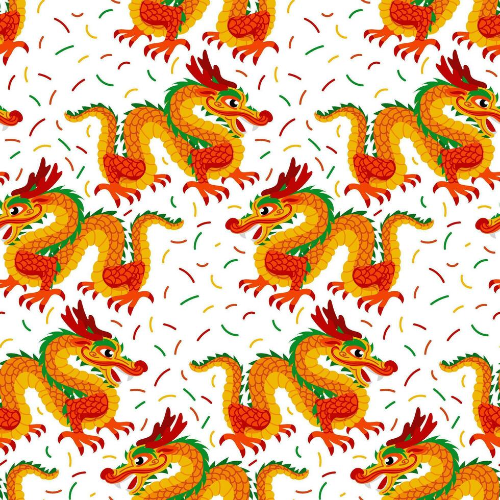 Vektor nahtlos Muster mit Orange Chinesisch Drachen im Konfetti. handgemalt. abstrakt Kunst drucken. Hintergrund, Stoff Design, Stoff, Serviette, Textil- Design Vorlage, Hintergrund. mythologisch. Drachen