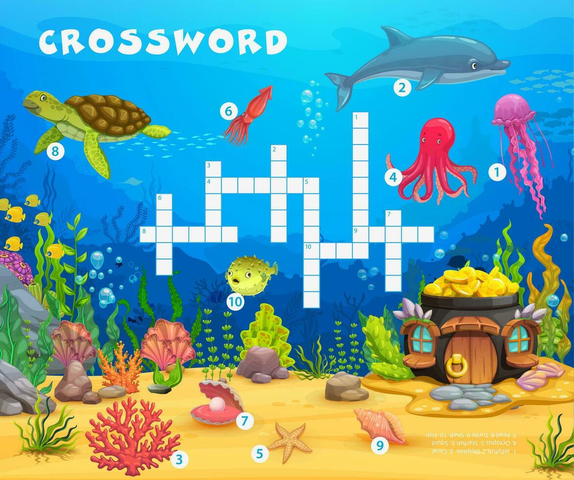 Kreuzworträtsel Quiz Spiel, Meer Tiere, Fisch und Pflanzen vektor