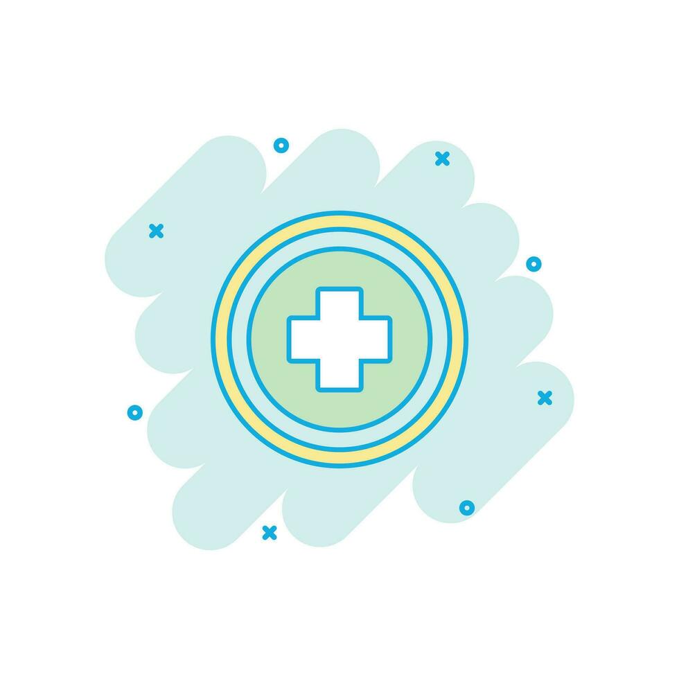 Vektor-Cartoon-Symbol für medizinische Gesundheit im Comic-Stil. Medizin Krankenhaus plus Zeichen Abbildung Piktogramm. Splash-Effekt-Konzept für das medizinische Geschäft. vektor