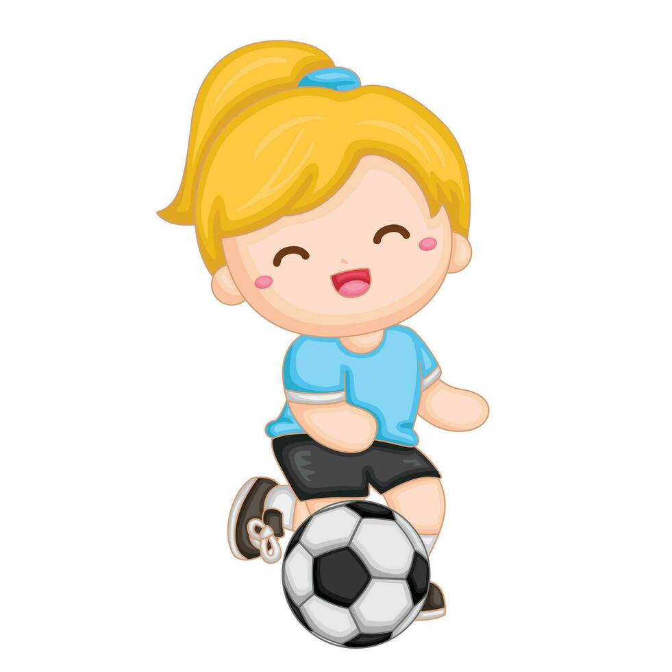 liten flicka spelar fotboll boll fotboll sport aktivitet illustration vektor ClipArt tecknad serie klistermärke barn