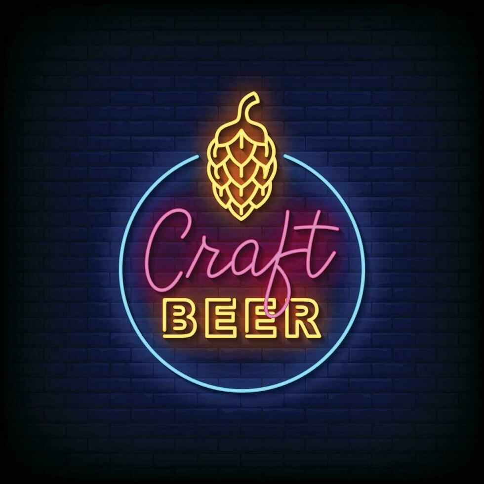 neon tecken hantverk öl med tegel vägg bakgrund vektor