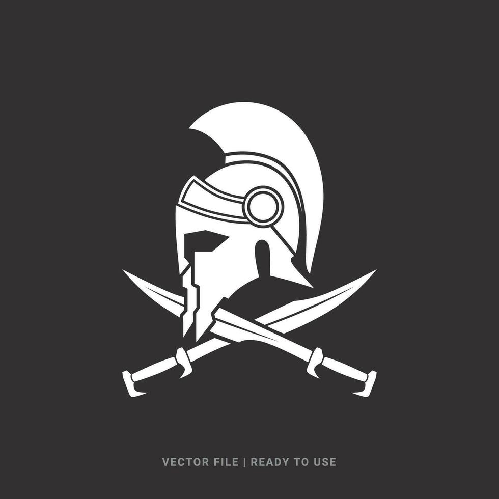svärd och hjälm av de spartansk krigare symbol, emblem isolerat på svart bakgrund. lämplig för affisch, flygblad, hälsning kort, klistermärke, social media och tshirt design vektor