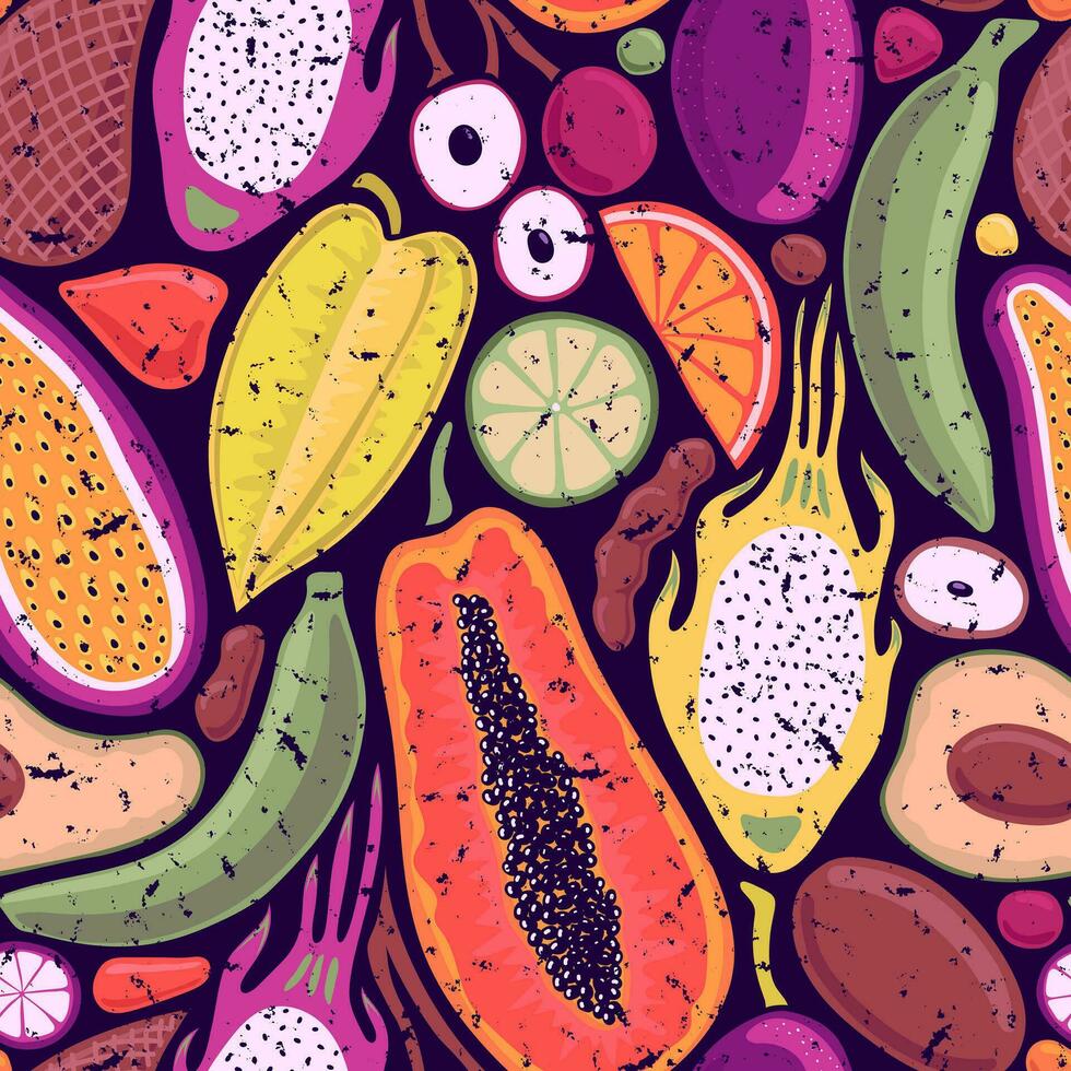 mörk lila vektor sömlös retro bakgrund med ljus flerfärgad tropisk frukt i pop- konst stil