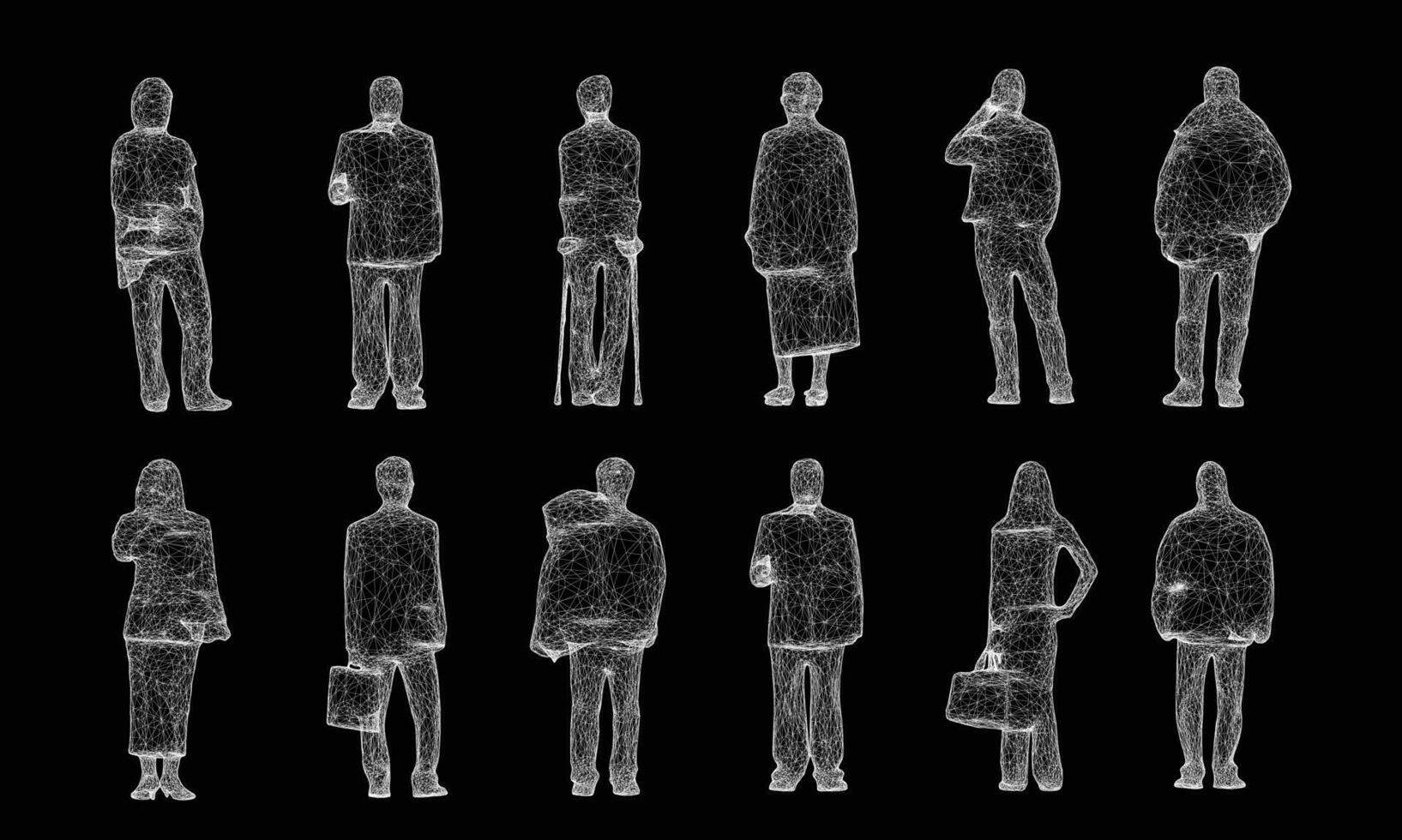 uppsättning av människor stående 3d tråd ram. vektor illustration