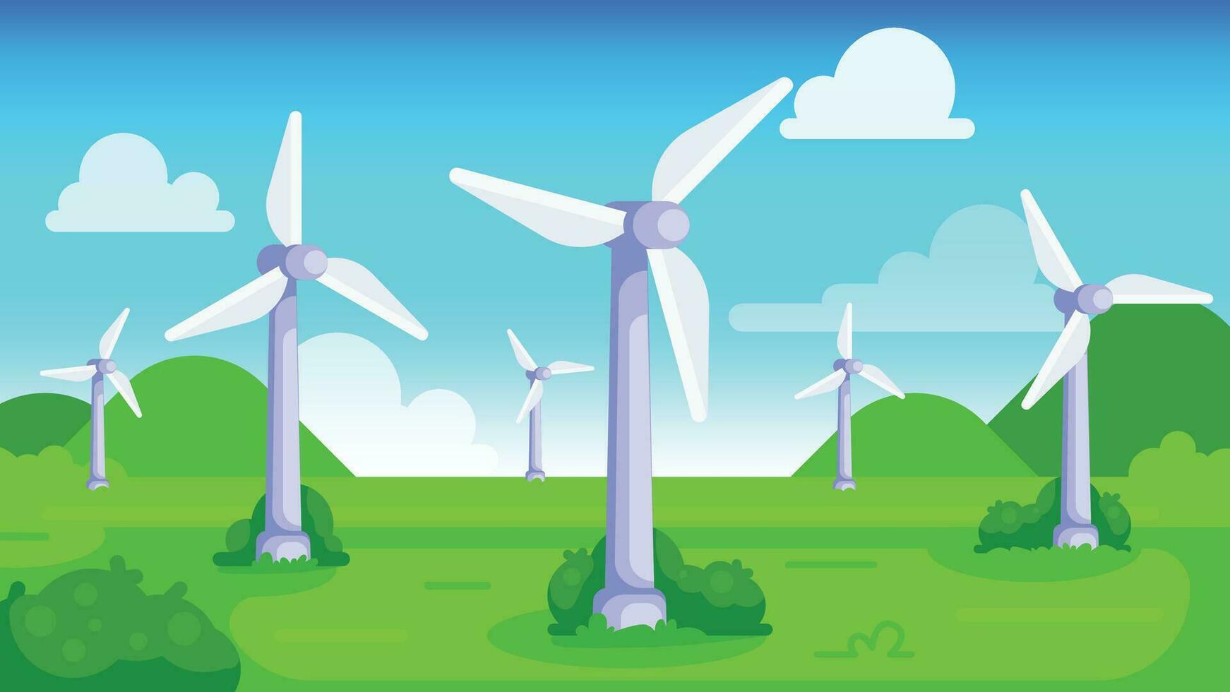 Wind Turbinen auf Grün Feld mit Blau Himmel. nachhaltig verlängerbar Grün Energie Konzept. eben Stil Vektor Illustration