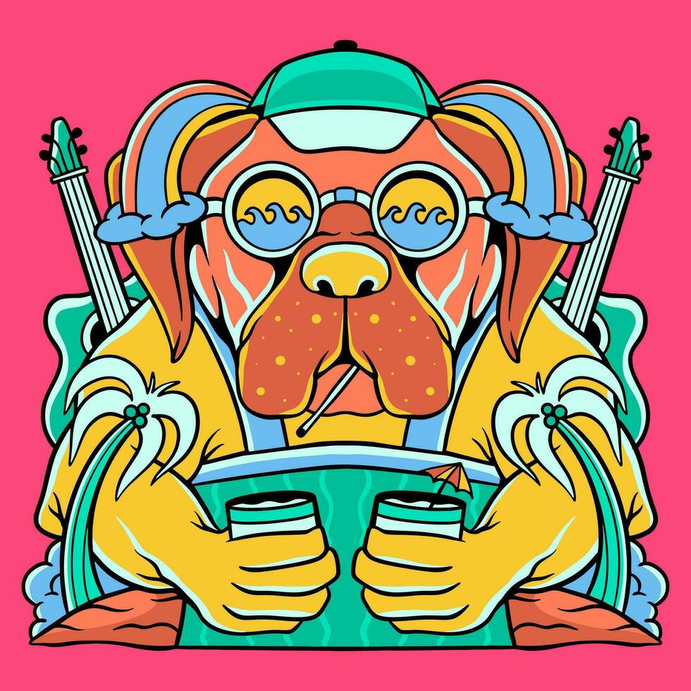 Hund Gekritzel Stil Vektor t Hemd Design Kunstwerk, Hand Musik- gezeichnet Sommer- tropisch Paradies Strand bunt eben Illustration