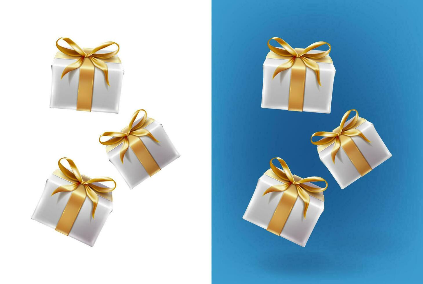 3d realistisch Vektor Symbol Satz. fliegend Weiß Kisten von die Geschenke mit golden Bänder auf ein Weiß und Blau Hintergrund.