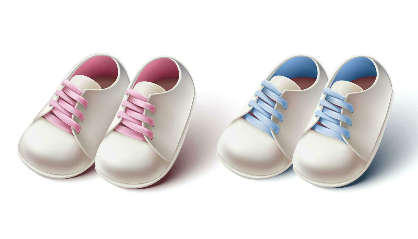 3d realistisk samling av bebis flicka och pojke pråm skor. design element för bebis dusch inbjudningar, födelsedag kort eller dop ceremoni. vektor