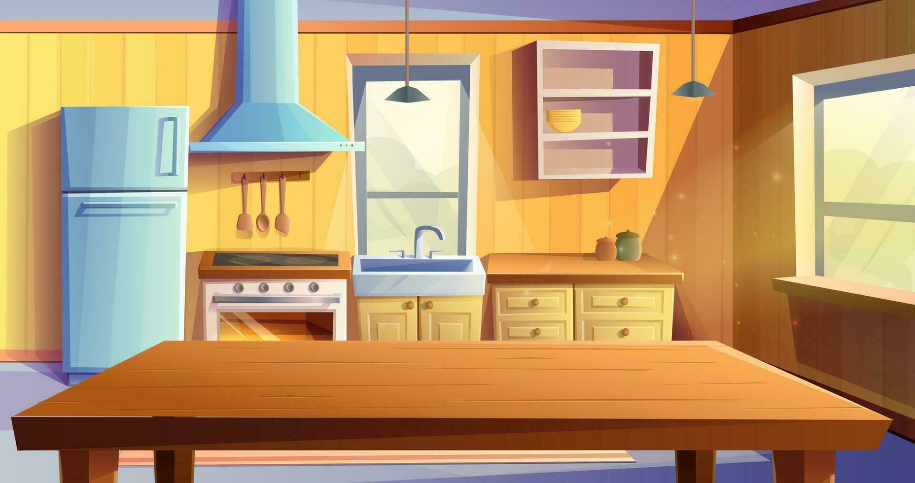 Vektor Karikatur Stil Illustration von Küche Zimmer. Essen Zimmer mit Essen hölzern Tisch. Kühlschrank, Ofen mit ein Herd und Kochfeld, Waschbecken, Kabinette und Extraktor Haube.