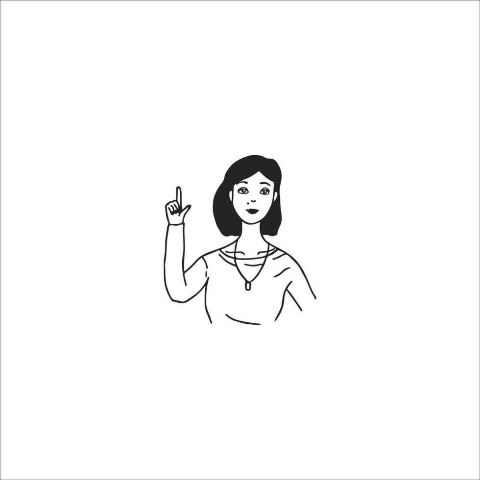 ein Frau ist zeigen ihr Finger beim etwas und reden. Gekritzel Design Stil Vektor Illustration.