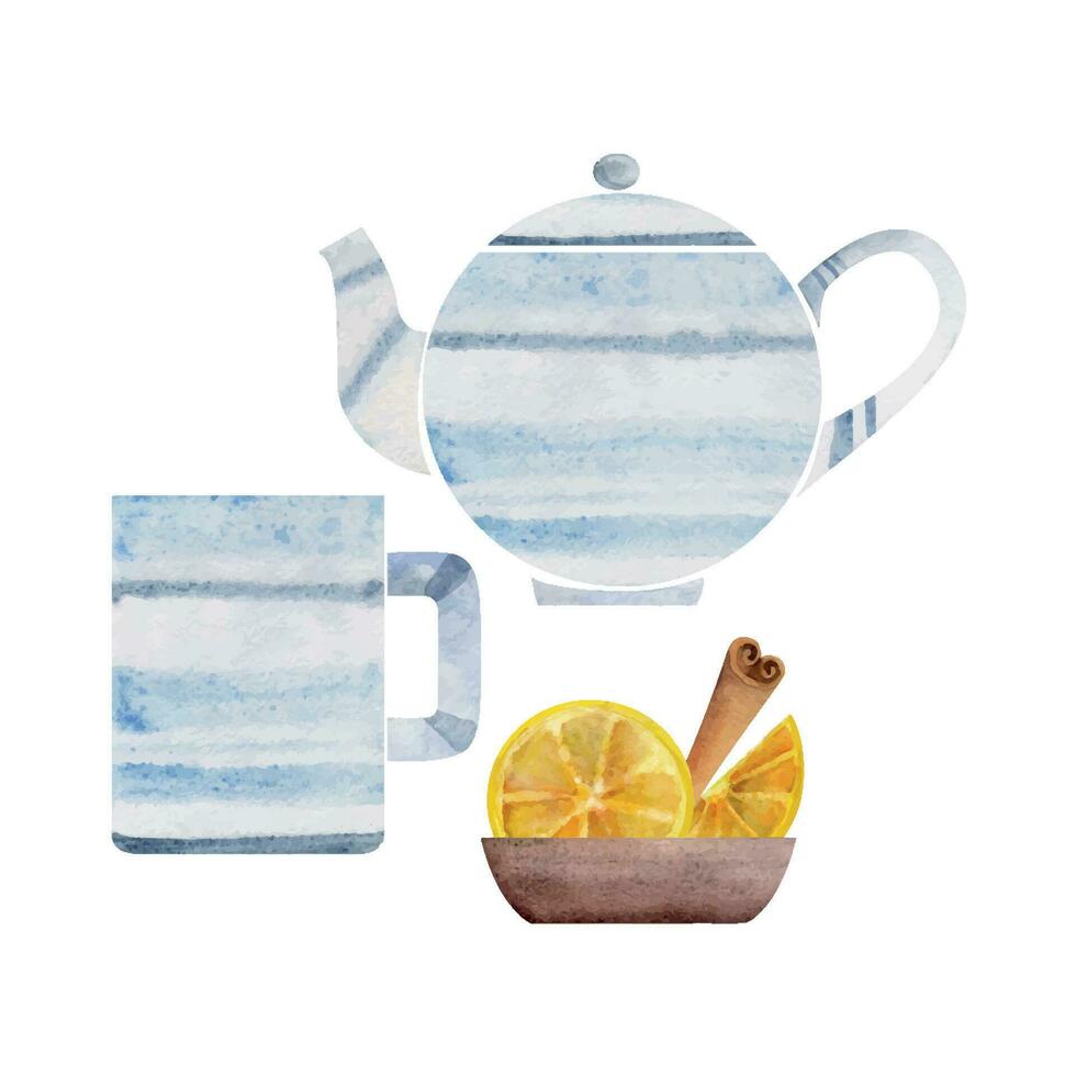 vattenfärg hand dragen illustration. porslin randig te pott, koppar muggar citron- skivor, kanel. isolerat på vit bakgrund. för inbjudningar, Kafé eller restaurang mat meny, skriva ut, hemsida, kort vektor
