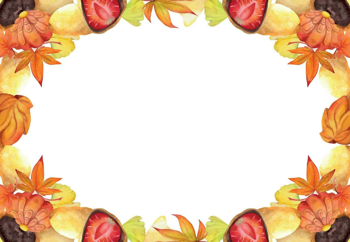 Aquarell Hand gezeichnet traditionell japanisch Süßigkeiten. Platz Rahmen von Herbst wagashi mit Blätter. isoliert auf Weiß Hintergrund. Design zum Einladungen, Restaurant Speisekarte, Gruß Karten, drucken, Textil- vektor
