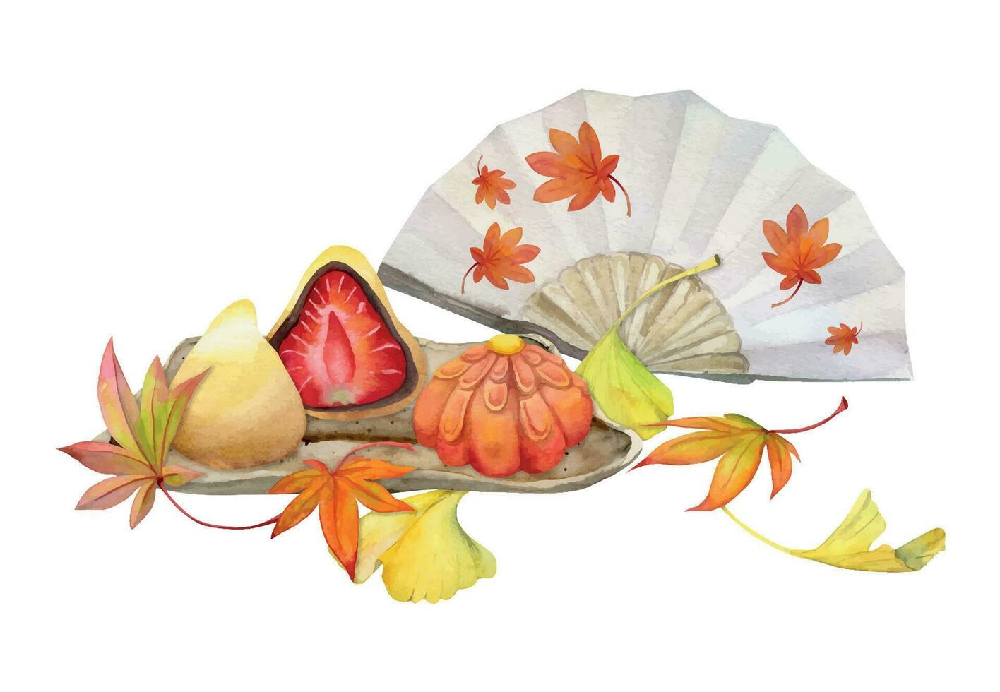 Aquarell Hand gezeichnet traditionell japanisch Süßigkeiten. Keramik Gericht, Herbst Neri-Kiri, mochi, daifuk. isoliert auf Weiß Hintergrund. Design zum Einladungen, Restaurant Speisekarte, Gruß Karten, drucken, Textil- vektor