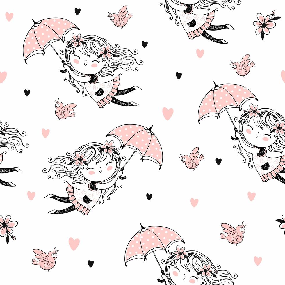 nahtloses Muster mit süßen Mädchen, die auf Regenschirmen fliegen. Vektor