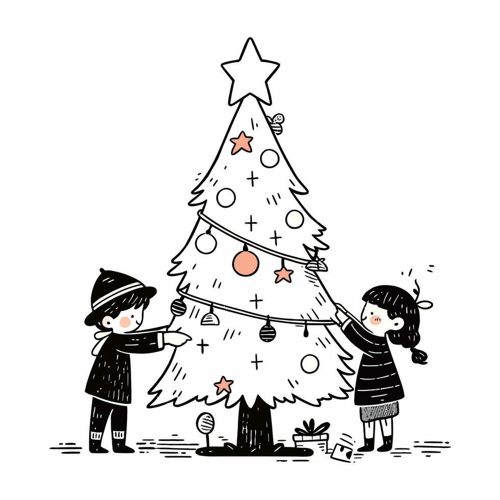 Kinder sanft Platzierung ein leuchtenden Star auf oben von ein hoch Weihnachten Baum. Vektor Illustration.