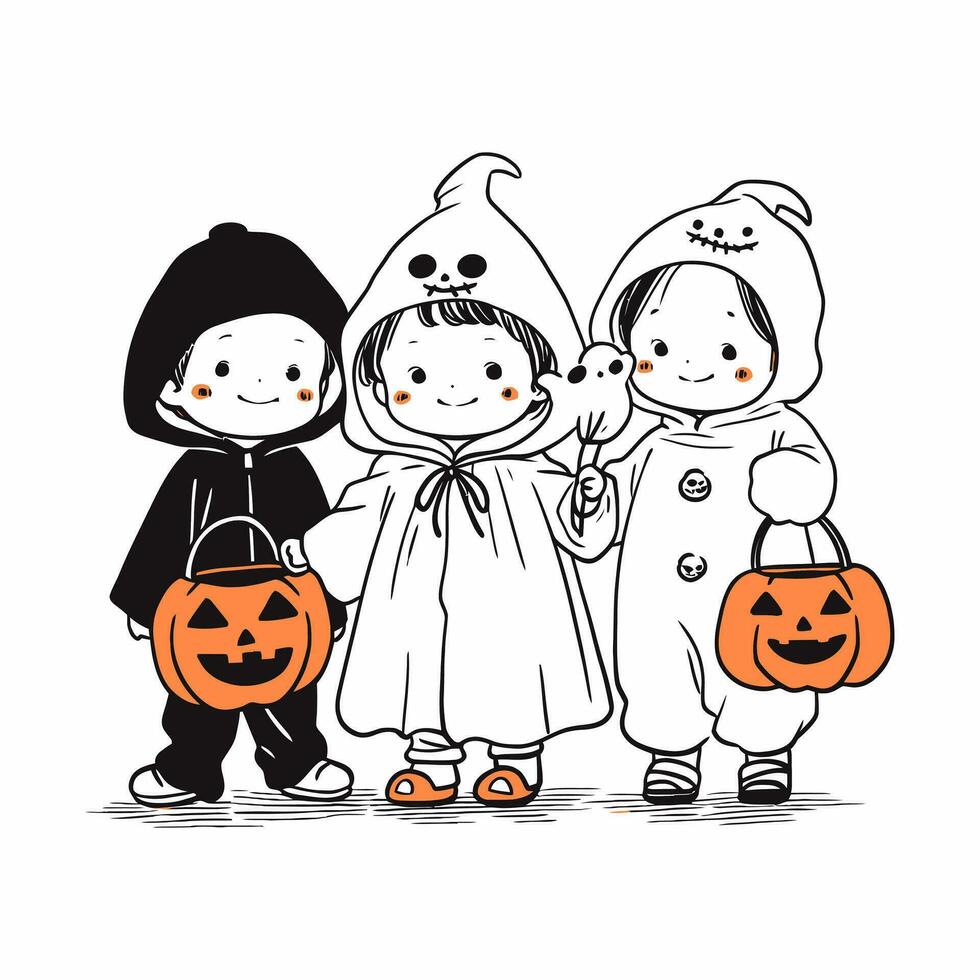 barn lura - eller - behandla i hemlagad kostymer på en knaprig halloween natt. vektor illustration.