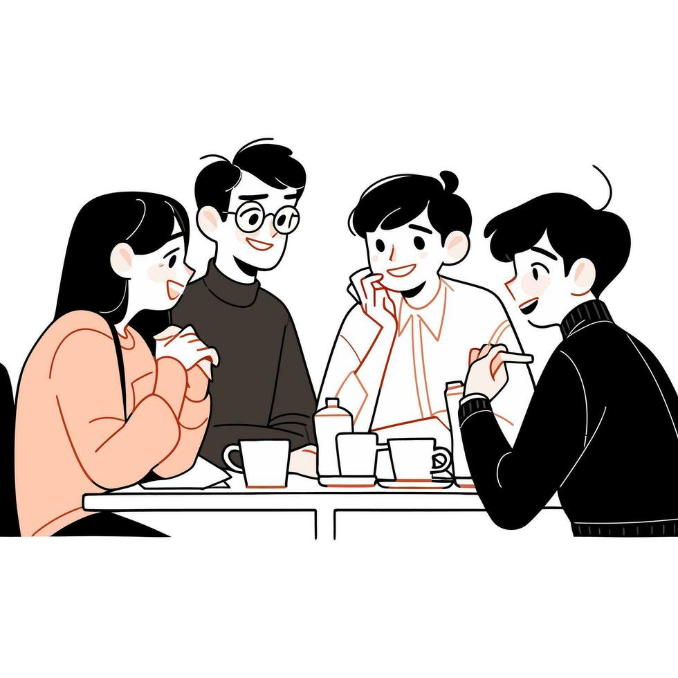 en grupp av vänner skrattande och delning berättelser på en kaffe affär, minimalistisk vektor illustration
