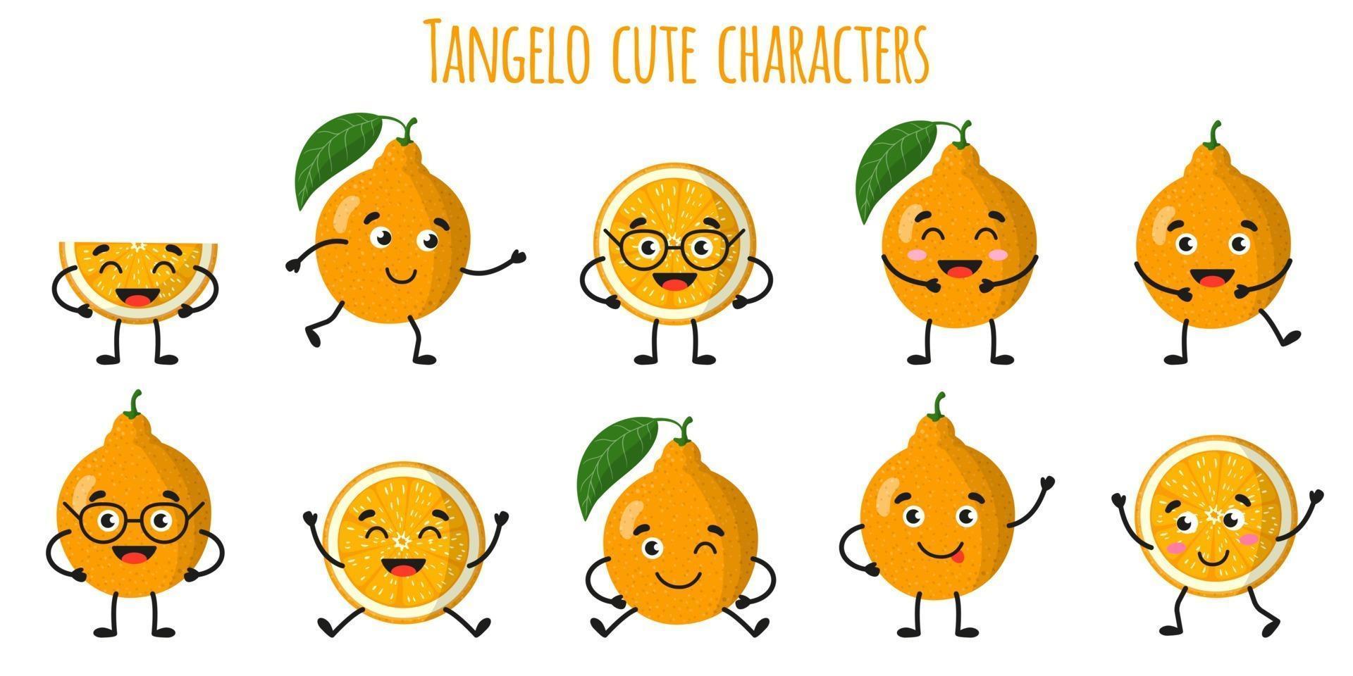 tangelo citrusfrukter söta roliga glada karaktärer med olika poser och känslor. vektor