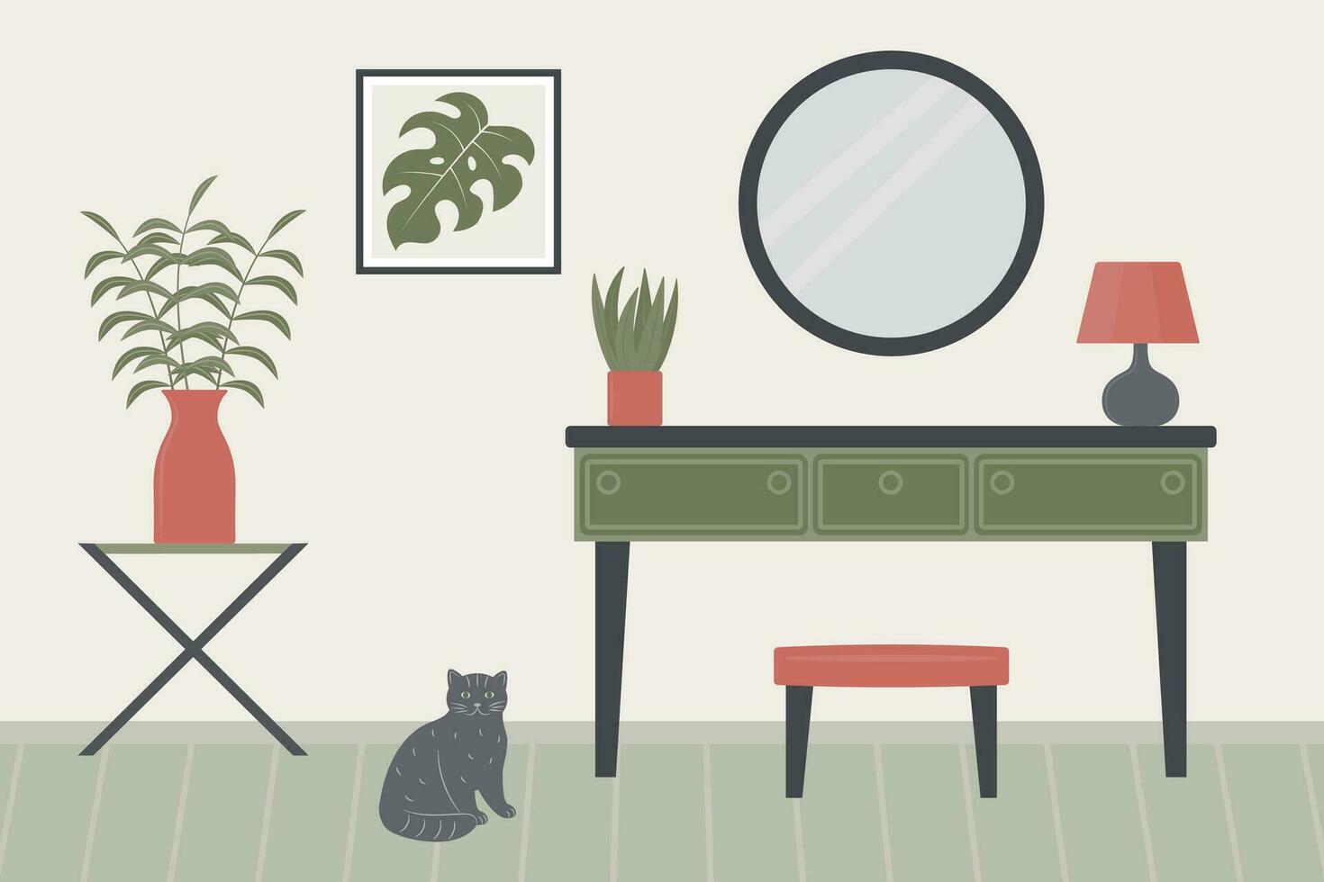 interiör design av en rum med möbel. tabell, budoar, stol, spegel, tabell lampa, inlagd växter. en plats av resten. vektor illustration i de platt stil.