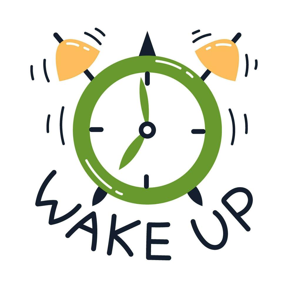 Vektor Aufkleber mit Alarm Uhr und aufwachen oben Text. gut Morgen und Frist Konzept. Alarm Uhr Klingeln.
