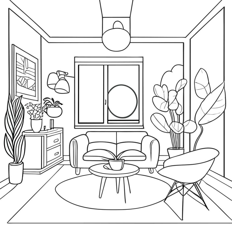 Leben Zimmer Innere, Färbung Buch, modern, Vektor Illustration Linie Kunst