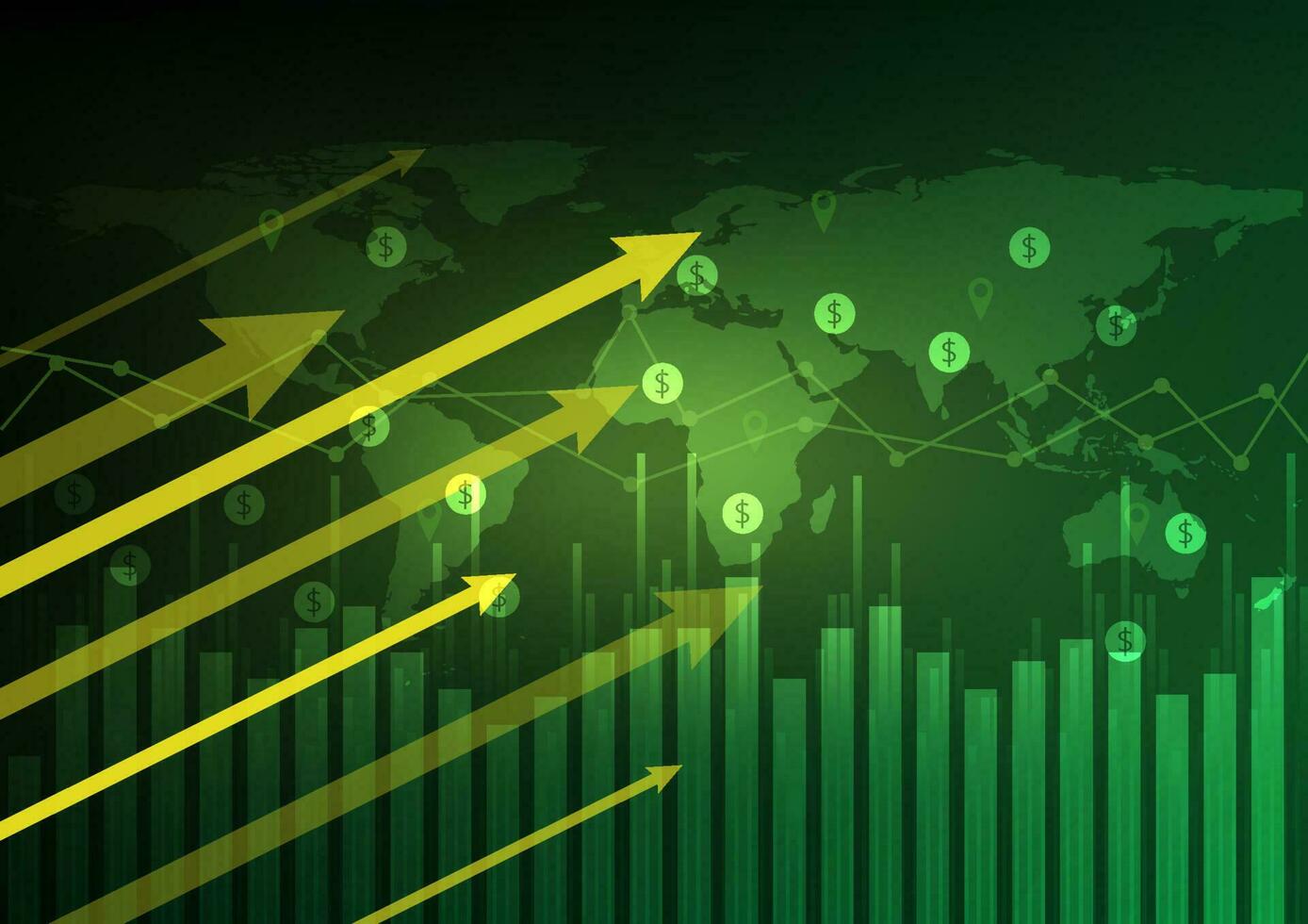 Geschäft Pfeil und Stock Graph auf Welt Karte Hintergrund. Diagramm von global Marketing Investition Trend Vektor Illustration. Grün Thema Konzept.