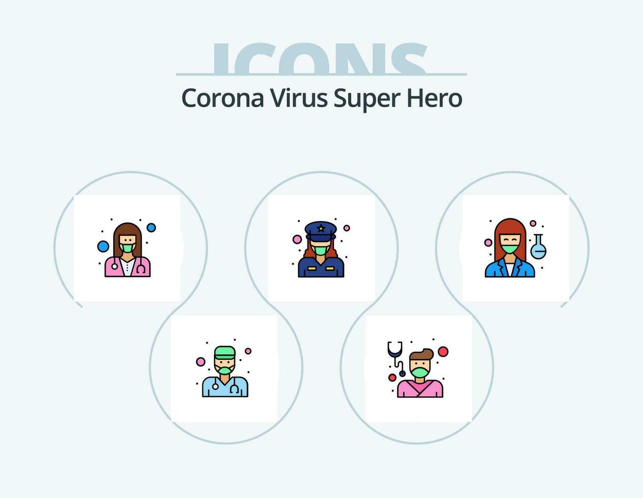 korona virus super hjälte linje fylld ikon packa 5 ikon design. vård. läkare. manlig. kvinna. hälsa vektor