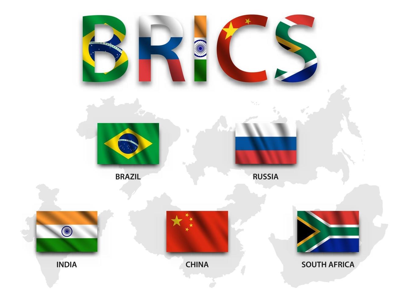 brics. verband von 5 ländern brasilien . Russland . Indien. china. Südafrika . wehende Flagge und Karte. Vektor. vektor