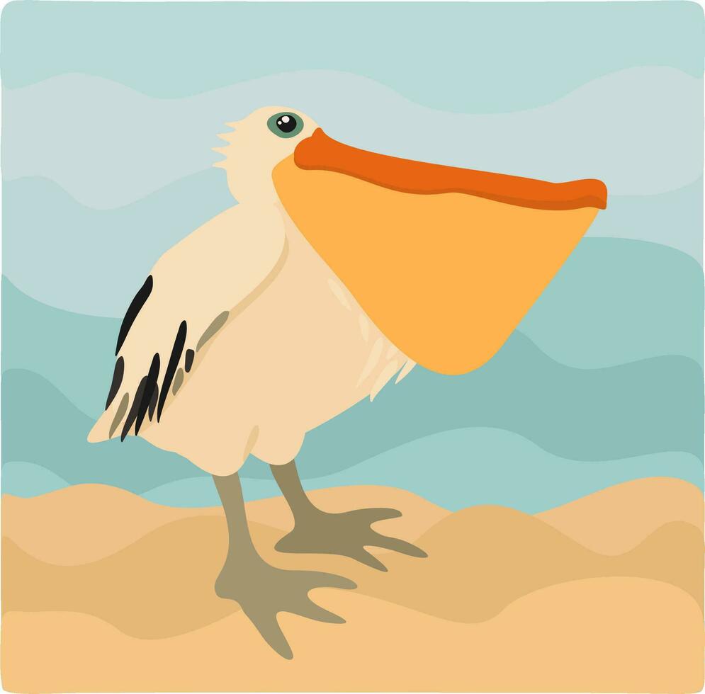 vektor söt illustration av pelikan, stående på sand nära de hav.