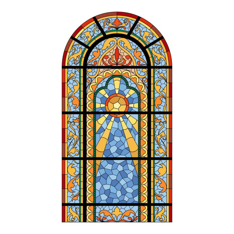 befleckt Kirche Glas Fenster. Farbe Bogen Form. vektor