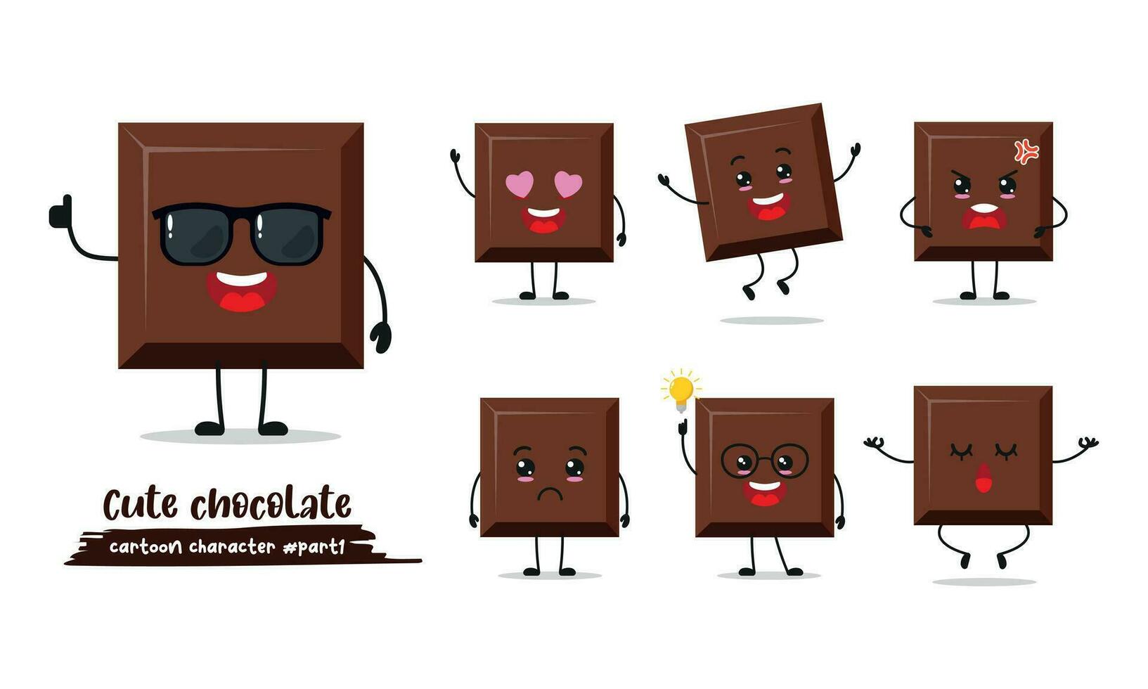 Schokolade Karikatur mit viele Gesicht Ausdrücke. Süss Essen anders Aktivität Vektor Illustration eben Design.