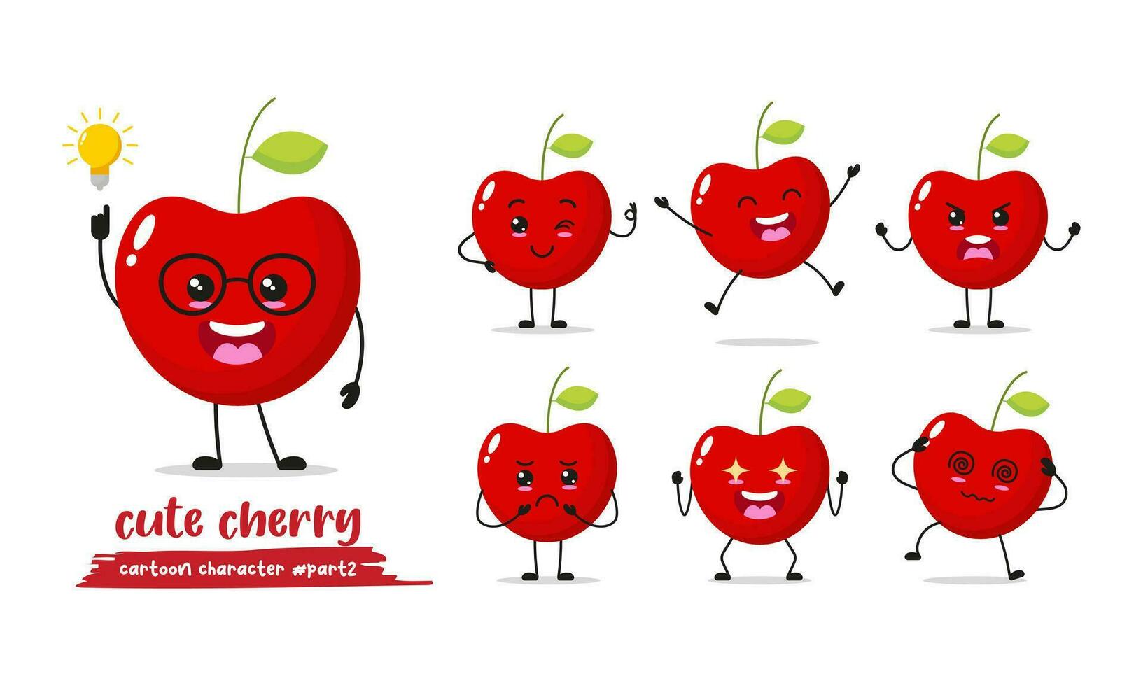 rolig röd körsbär tecknad serie med många uttryck. annorlunda frukt aktivitet vektor illustration platt design. rolig körsbär för barn berättelse bok.