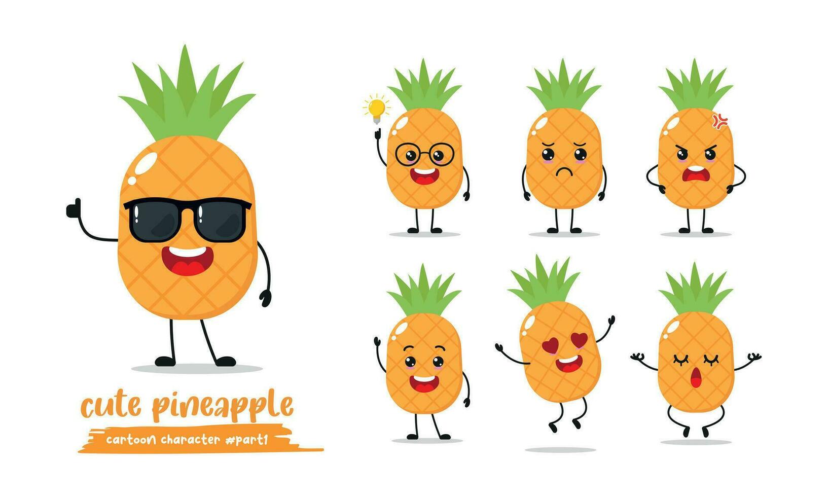 söt gul Lycklig ananas ha på sig solglasögon karaktär. rolig frukt uttryckssymbol i platt stil. annorlunda ansikte uttryck emoji vektor illustration.